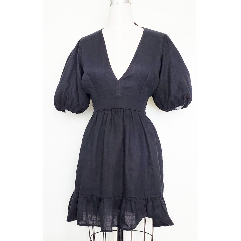 Faithfull The Brand Womens Black Linen Tie Back Dress Balloon Sleeves 6 - Picture 11 of 11